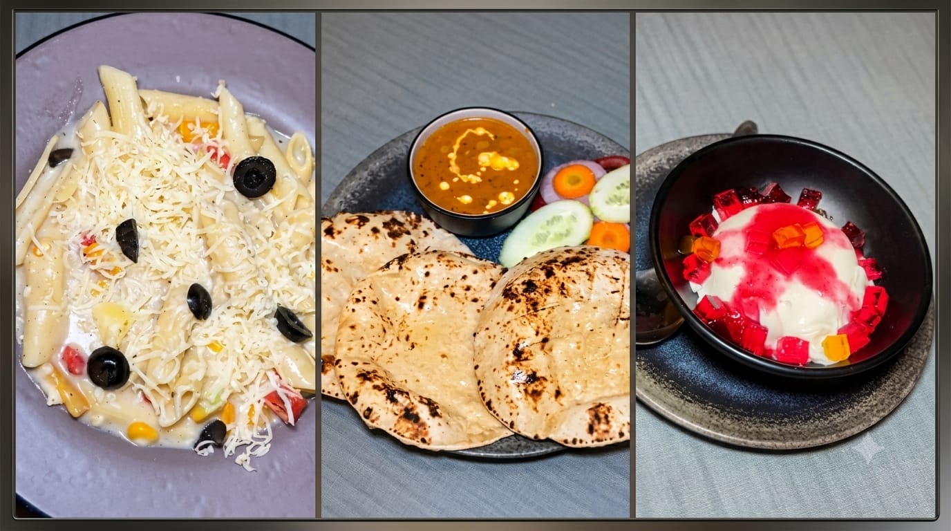 Aadeshwar Café signature dishes — pasta, rotis with dal, and dessert
